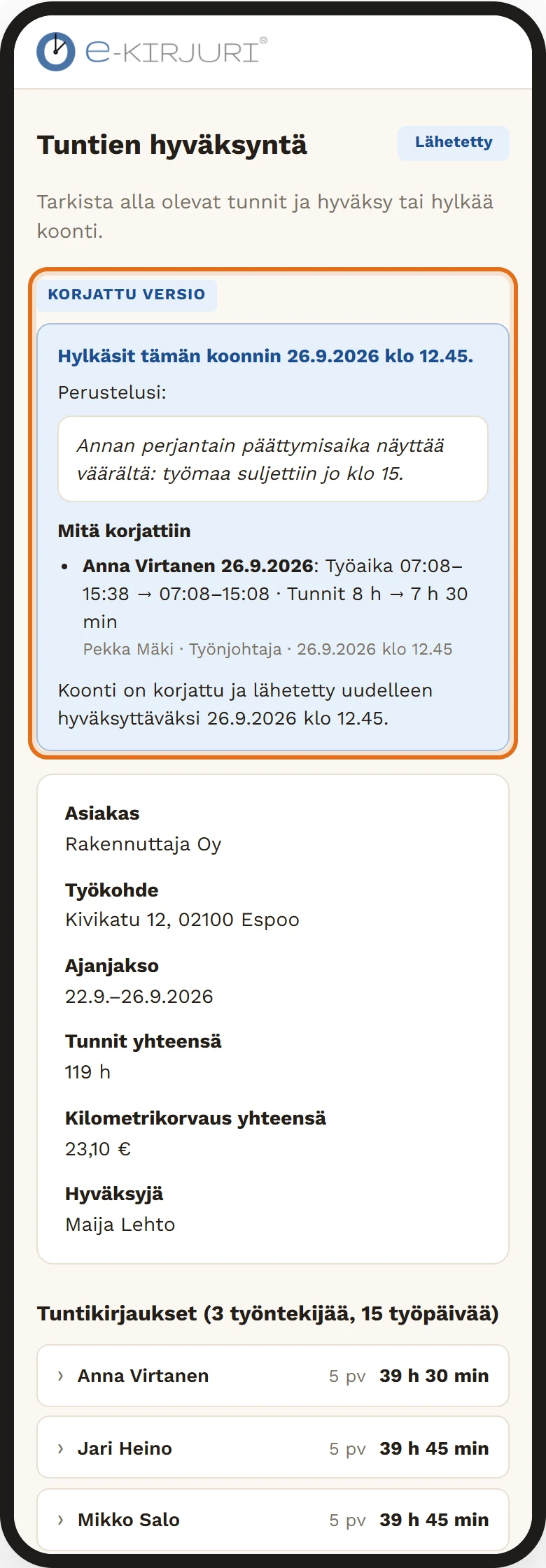 Korjattu hyväksyntäpyyntö hyväksyntäsivulla