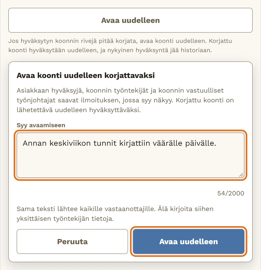Hyväksytty koonti ja ikkuna "Avaa koonti uudelleen korjattavaksi"