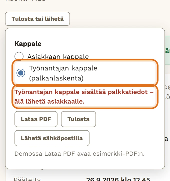 Koonnin PDF-toiminnot. Kappale-valinnassa on valittuna Työnantajan kappale (palkanlaskenta)