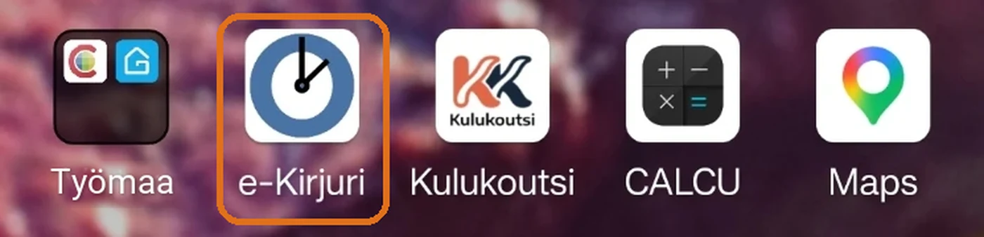 Puhelimen kotinäyttö, jossa näkyy e-Kirjurin kuvake. Rinnalle voi laittaa Androidin palkin "Lisää e-Kirjuri aloitusnäytölle"