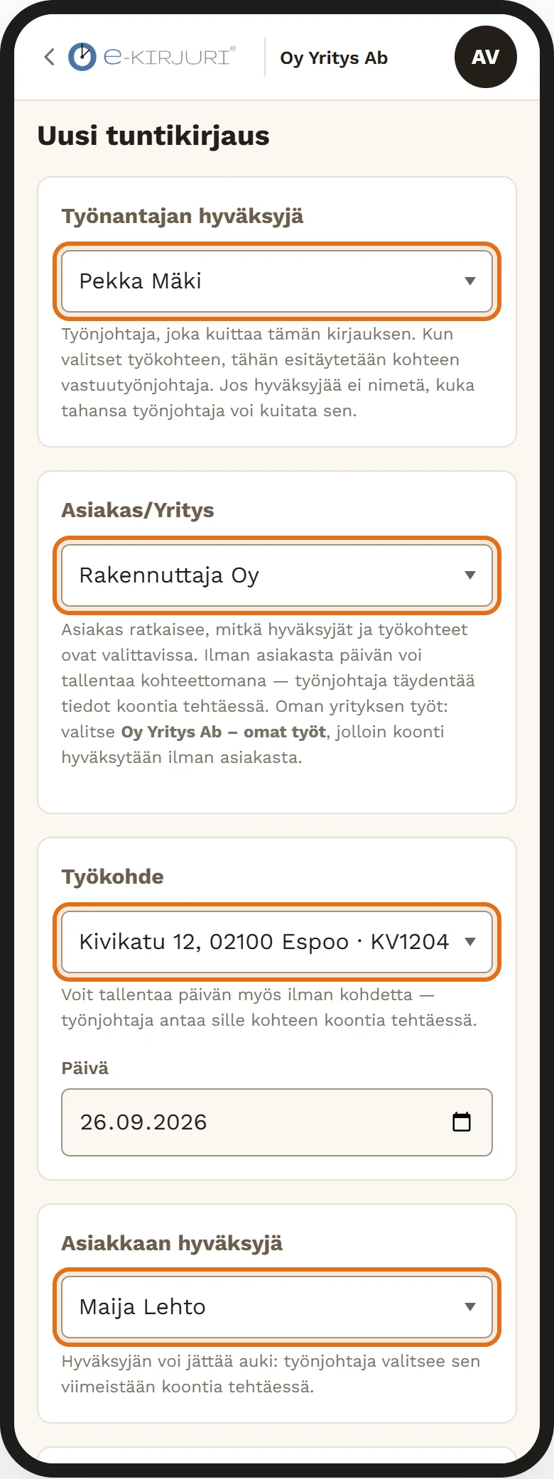 Uusi tuntikirjaus puhelimessa työntekijän roolilla, yläosa