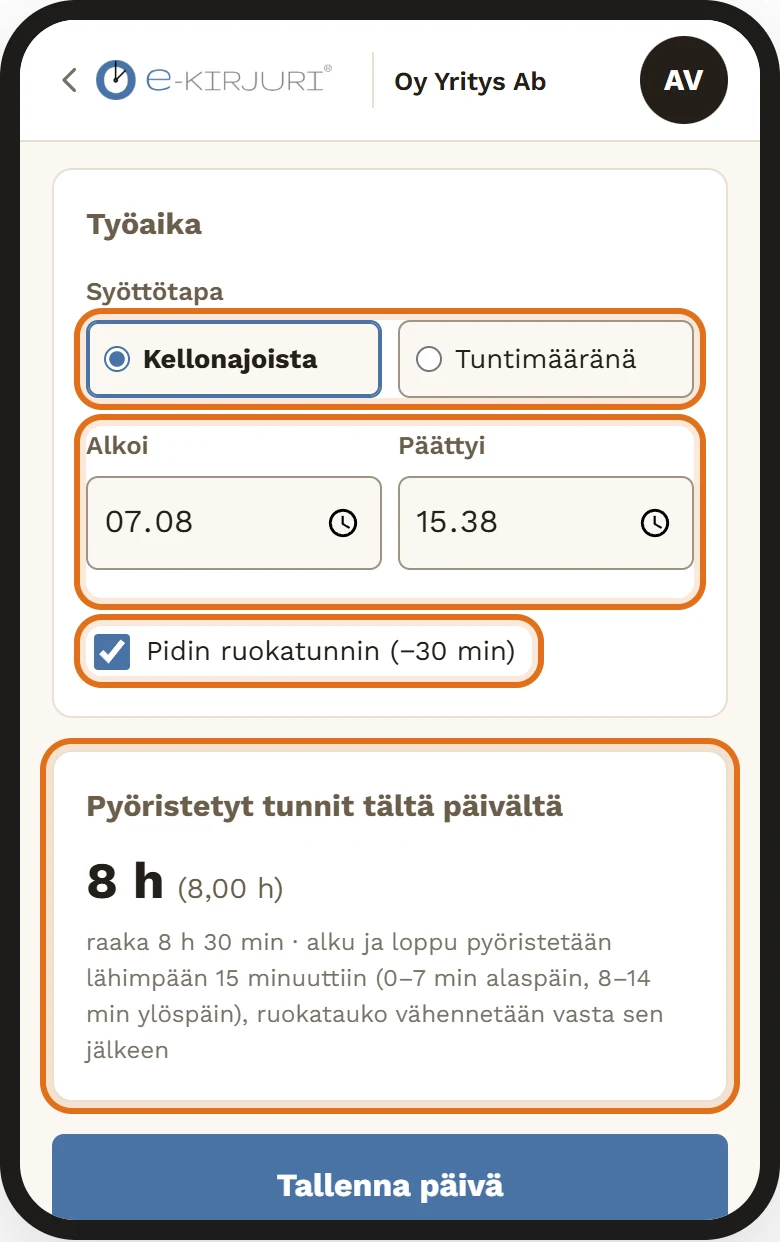 Uusi tuntikirjaus puhelimessa, Työaika-osio