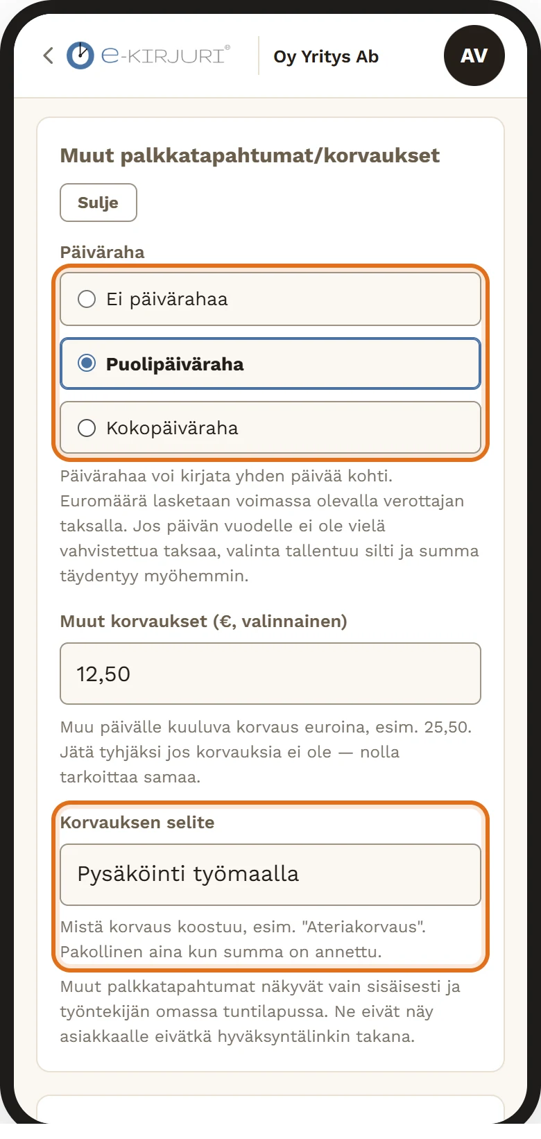 Muut palkkatapahtumat/korvaukset avattuna puhelimessa