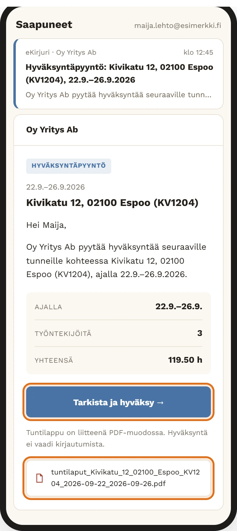 Hyväksyntäpyyntö sähköpostissa puhelimessa