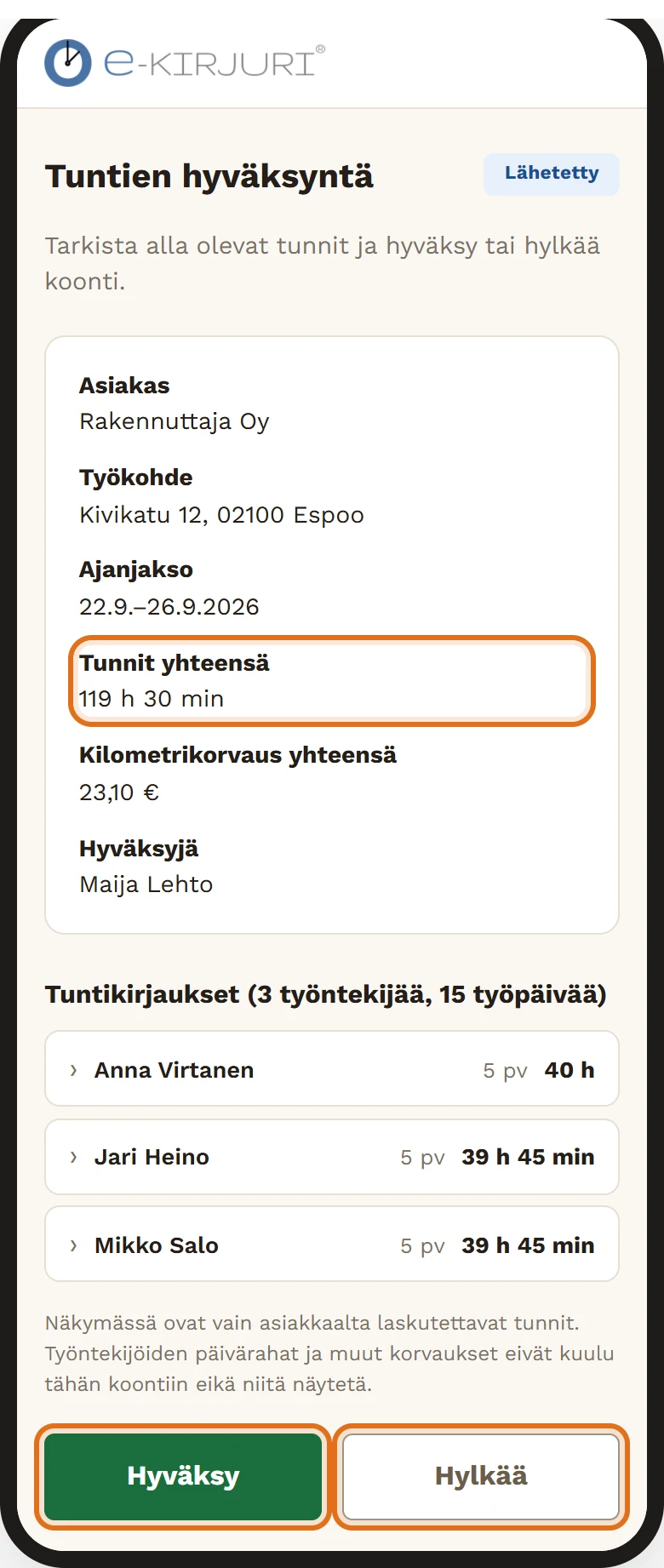 Tuntien hyväksyntä -sivu puhelimessa