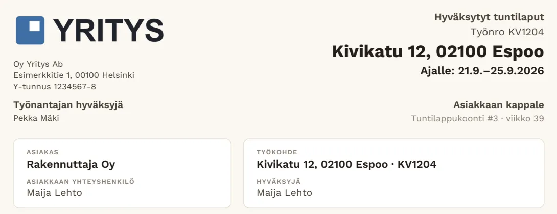 Ote e-Kirjurin koonnin yläosasta: yritys, työkohde, työnumero, asiakas ja hyväksyjä
