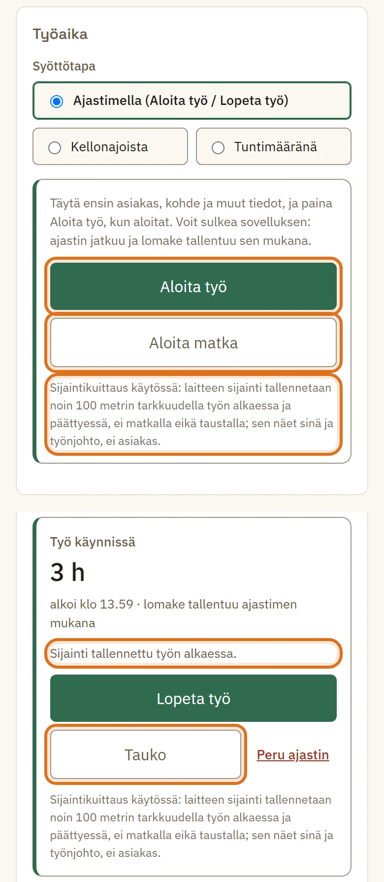 e-Kirjurin työaika-ajastin puhelimessa: ennen aloitusta napit Aloita työ ja Aloita matka sekä selite sijaintikuittauksesta, alla käynnissä oleva työ, jossa sijainti on tallennettu työn alkaessa
